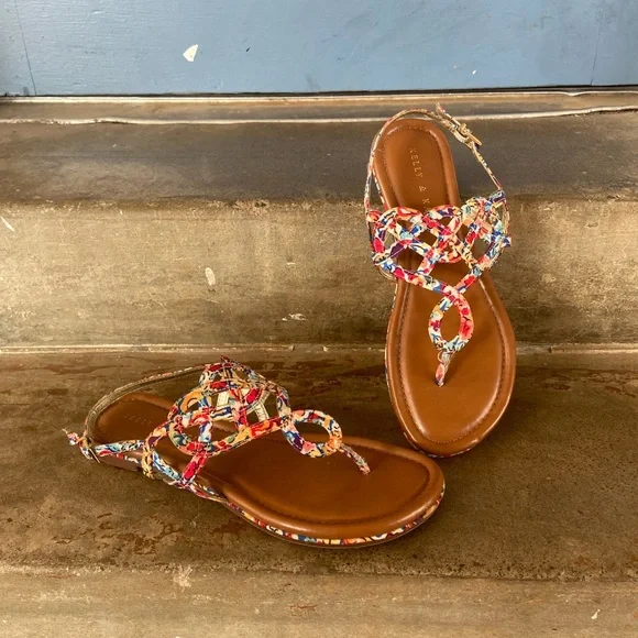 Kelly & Katie Women's Multicolor Braided T-Strap Sandals - Picture 1 of 5
